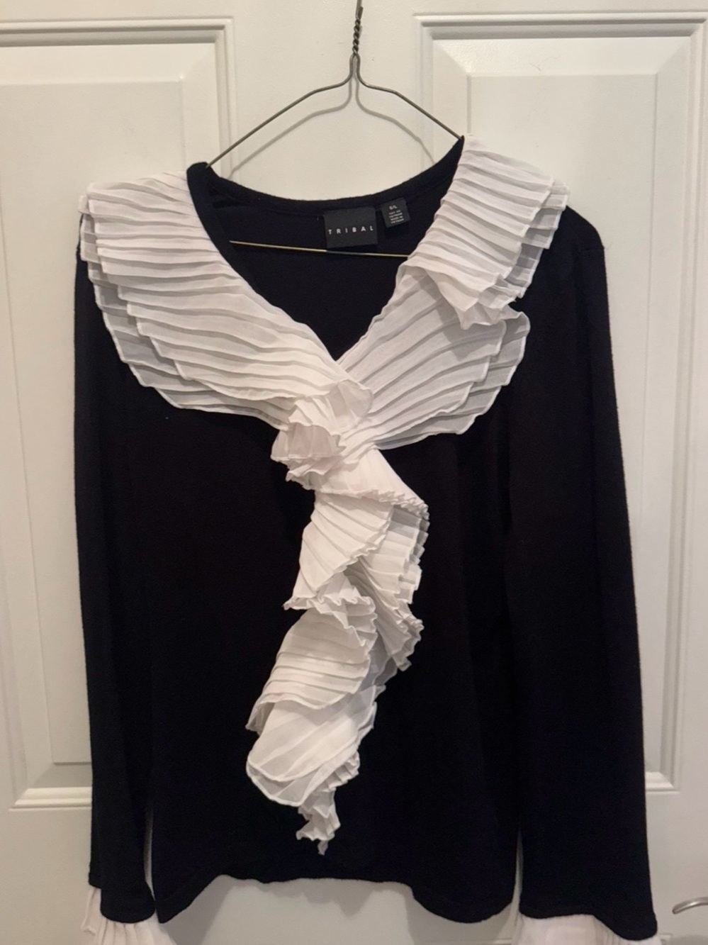 Tribal Black Long-Sleeve Top with White Pleated Ruffle Front-Large